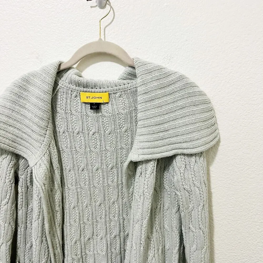 [St. John] Mint Green Open Front Chunky Cable Knit Cardigan Sweater Sz Petite P